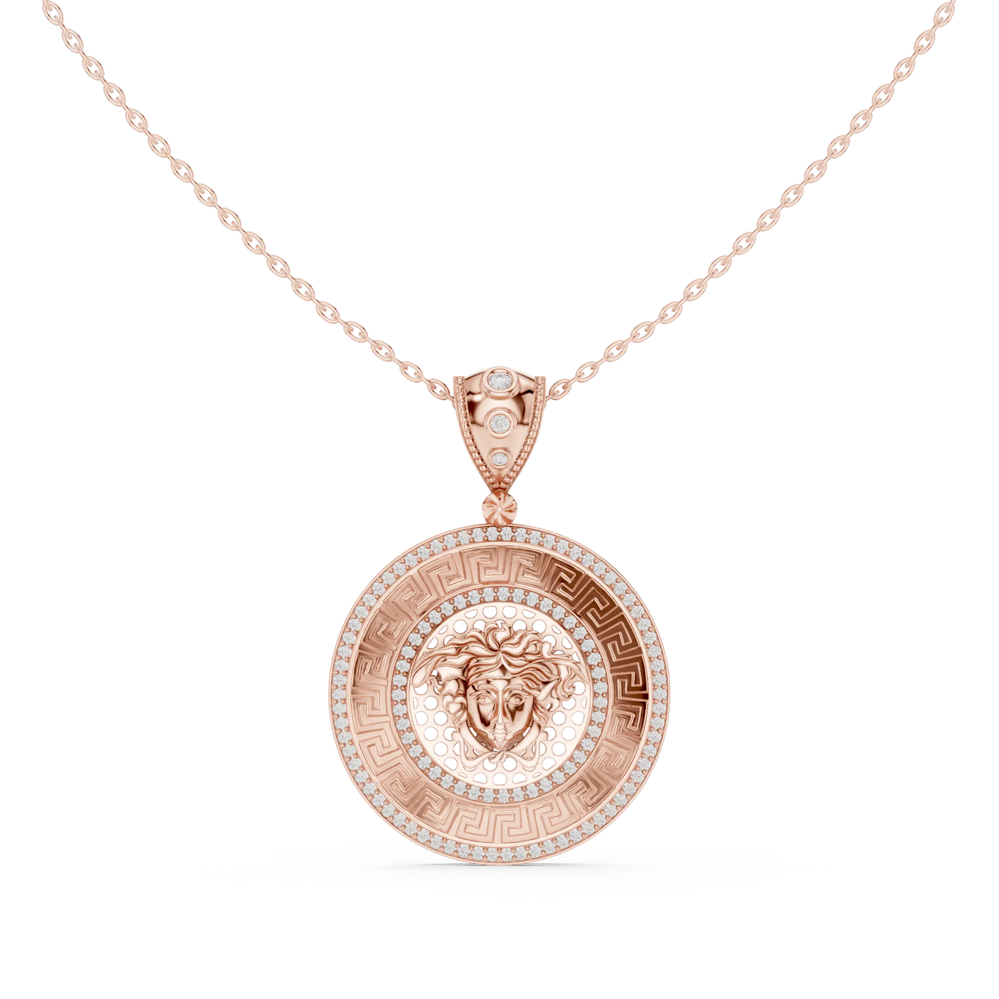 Front-View: Round Diamond Pendant with Pave Setting in 14k Rose Gold - Lab Grown - Driona Jewels