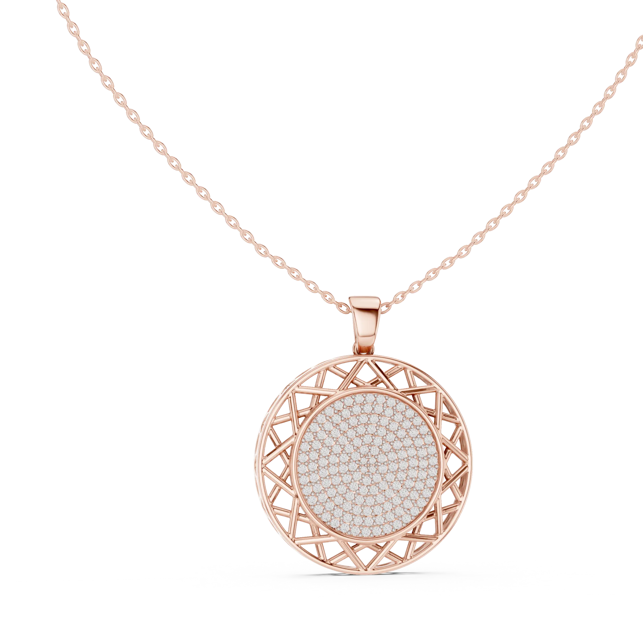 Front View: Round Diamond Pendant with Pave Setting in 14k Rose Gold - Lab Grown - Driona Jewels