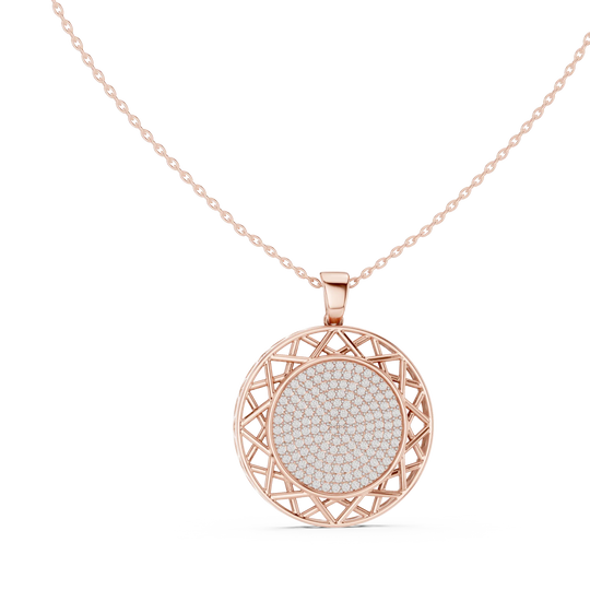 Front View: Round Diamond Pendant with Pave Setting in 14k Rose Gold - Lab Grown - Driona Jewels