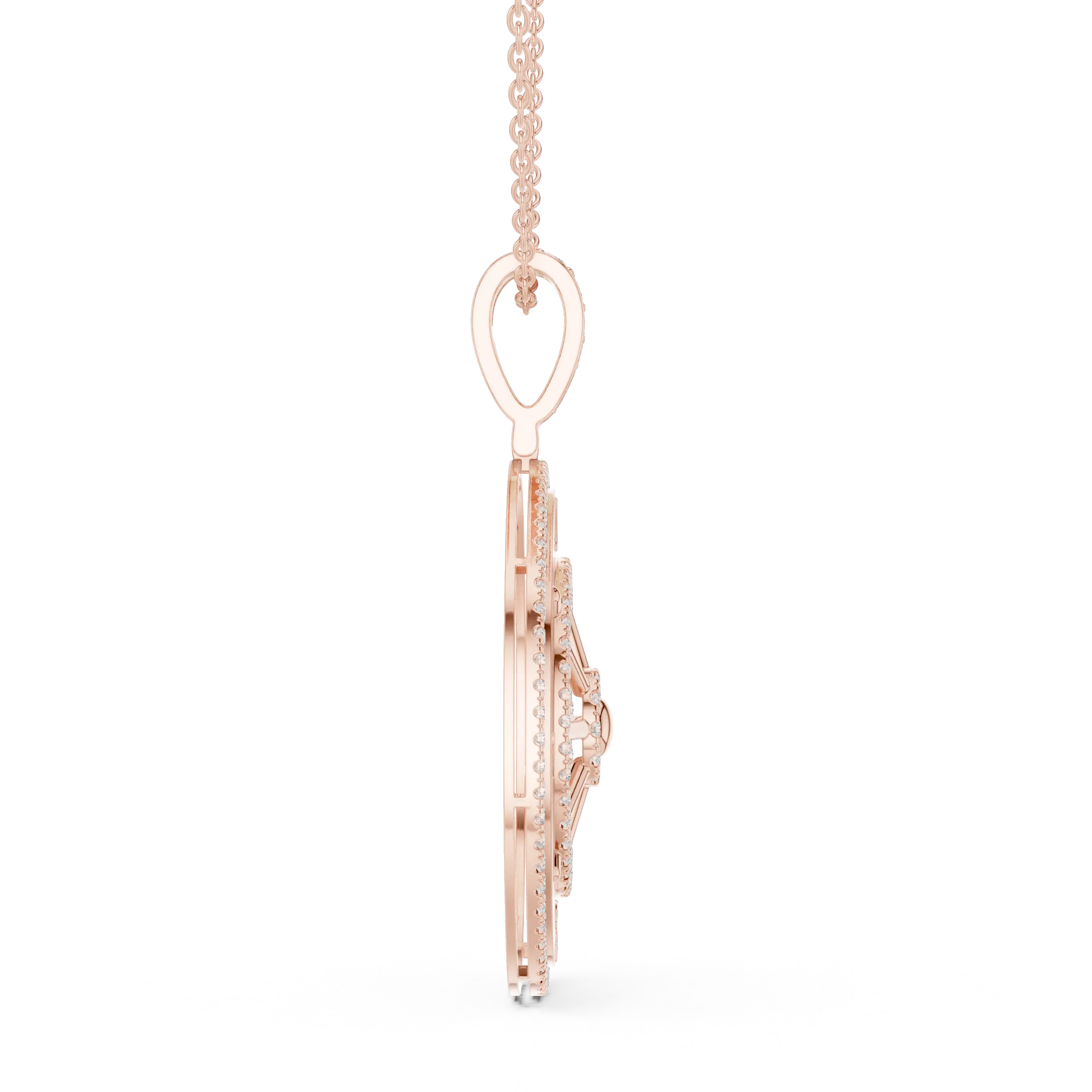 Side-Profile: Round Diamond Pendant with Pave Setting in 14k Rose Gold - Lab Grown - Driona Jewels
