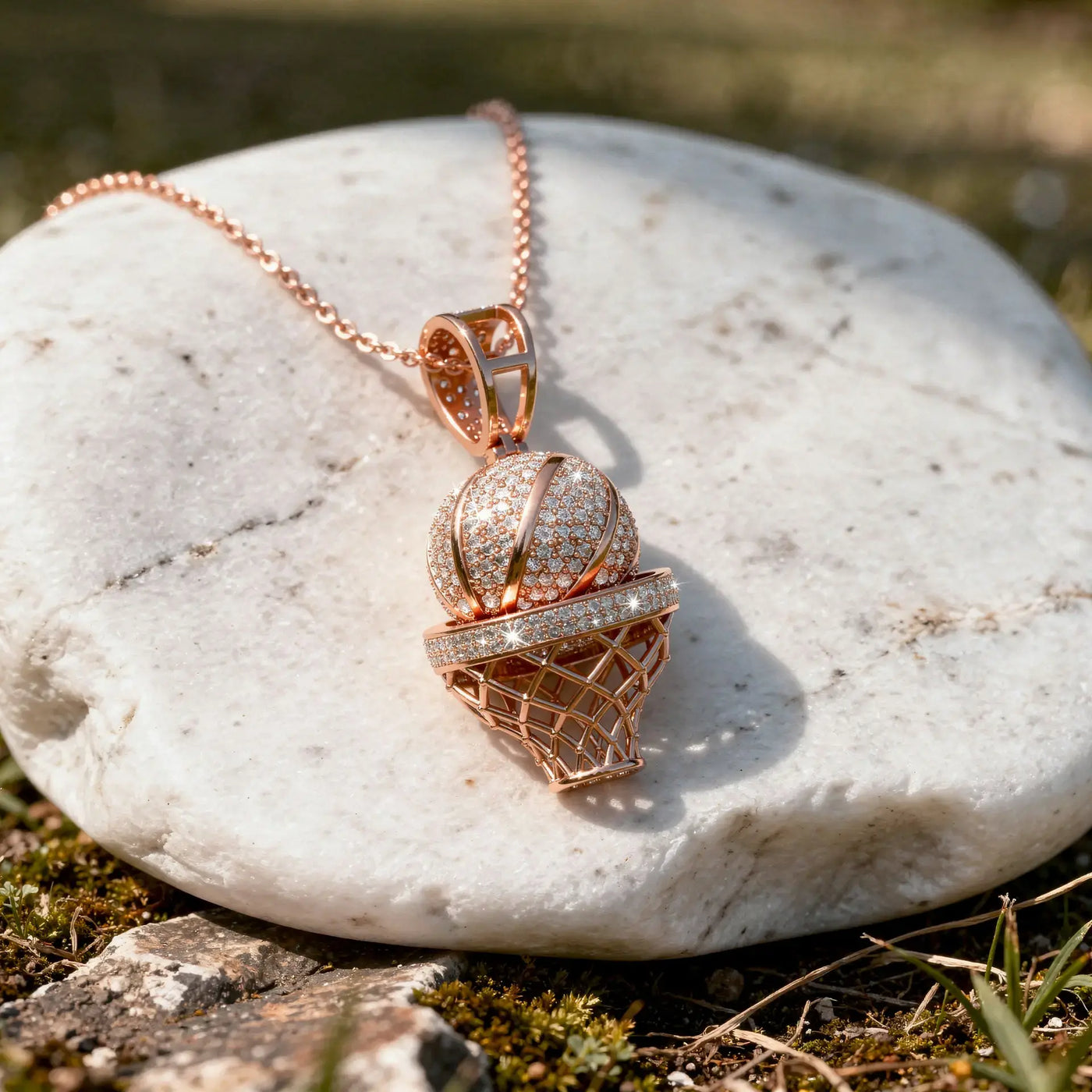 Three-quarter-view: Round Diamond Pendant with Pave Setting in 14k Rose Gold - Lab Grown - Driona Jewels