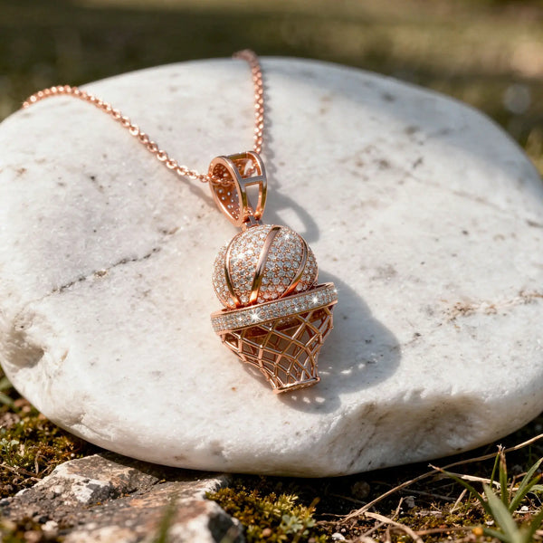 Three-quarter-view: Round Diamond Pendant with Pave Setting in 14k Rose Gold - Lab Grown - Driona Jewels