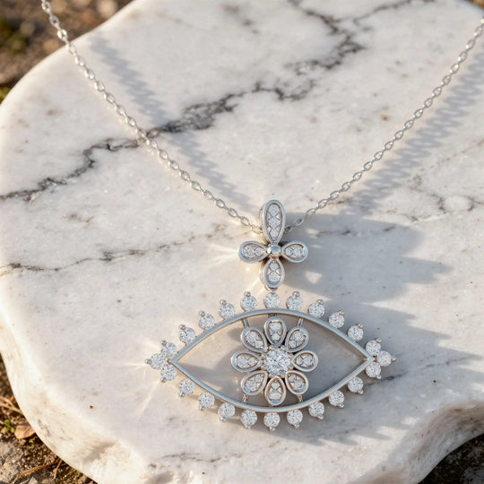Close-up: Round Diamond Pendant with Pave Setting in 14k White Gold - Lab Grown - Driona Jewels