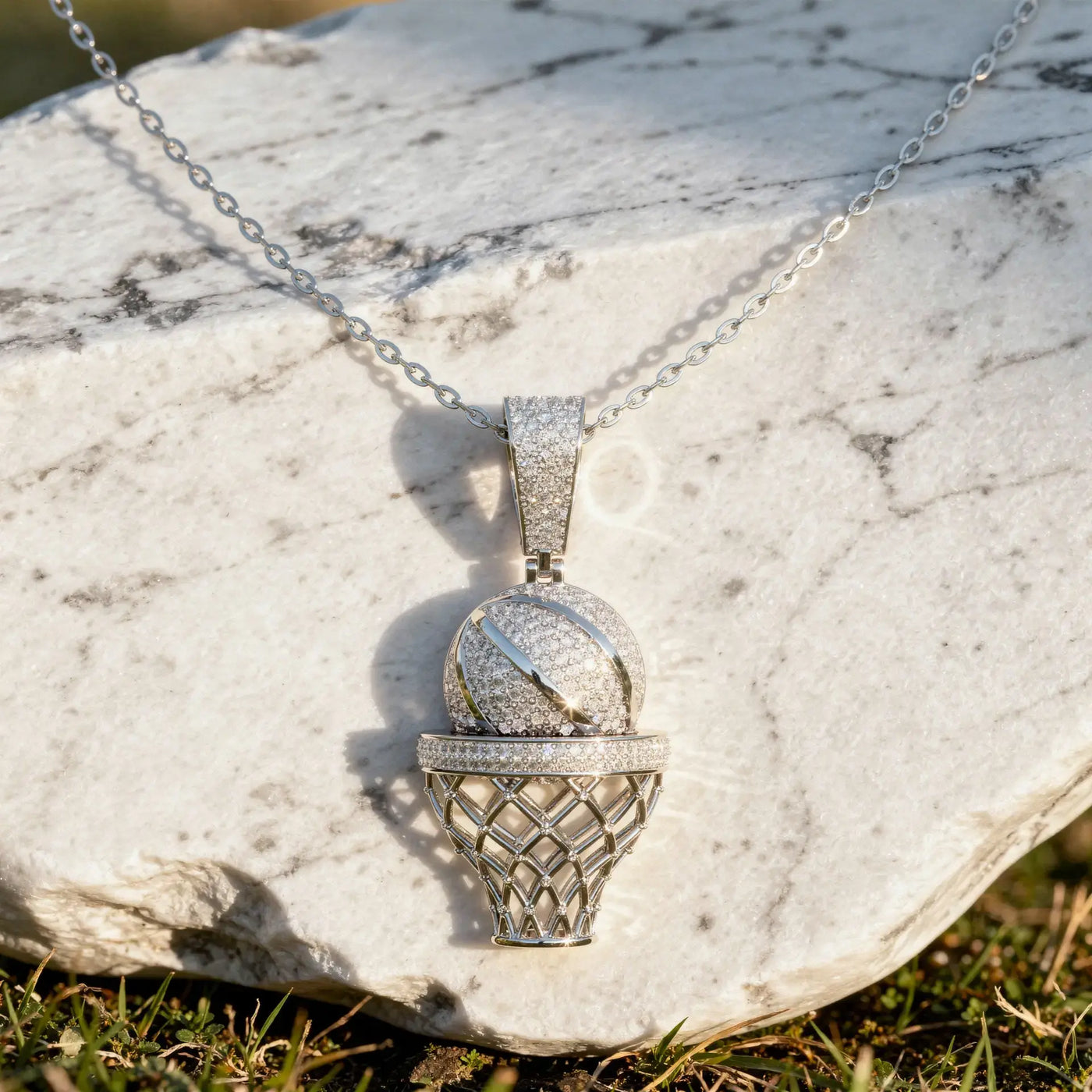 Front-view: Round Diamond Pendant with Pave Setting in 14k White Gold - Lab Grown - Driona Jewels