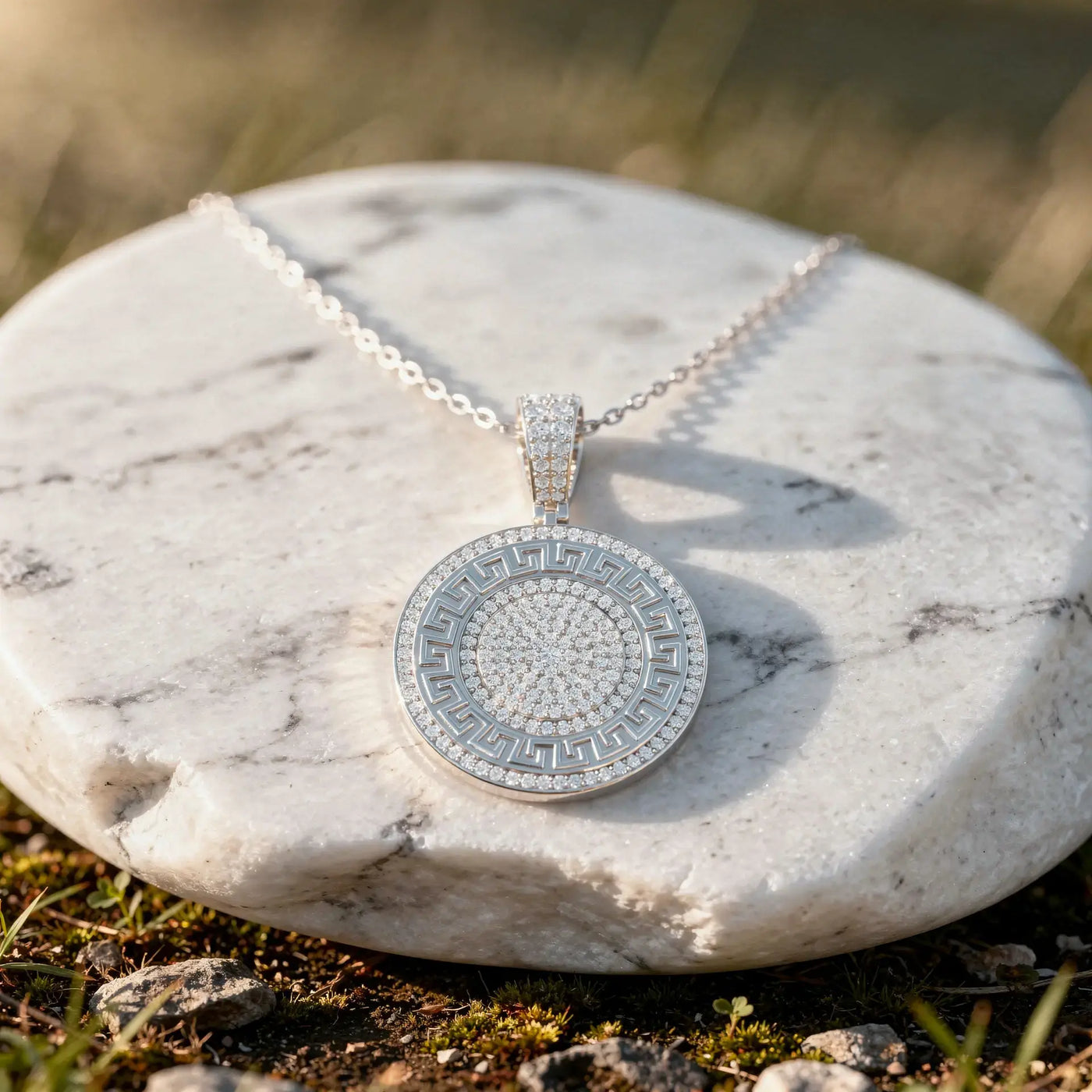 Front-view: Round Diamond Pendant with Pave Setting in 14k White Gold - Lab Grown - Driona Jewels