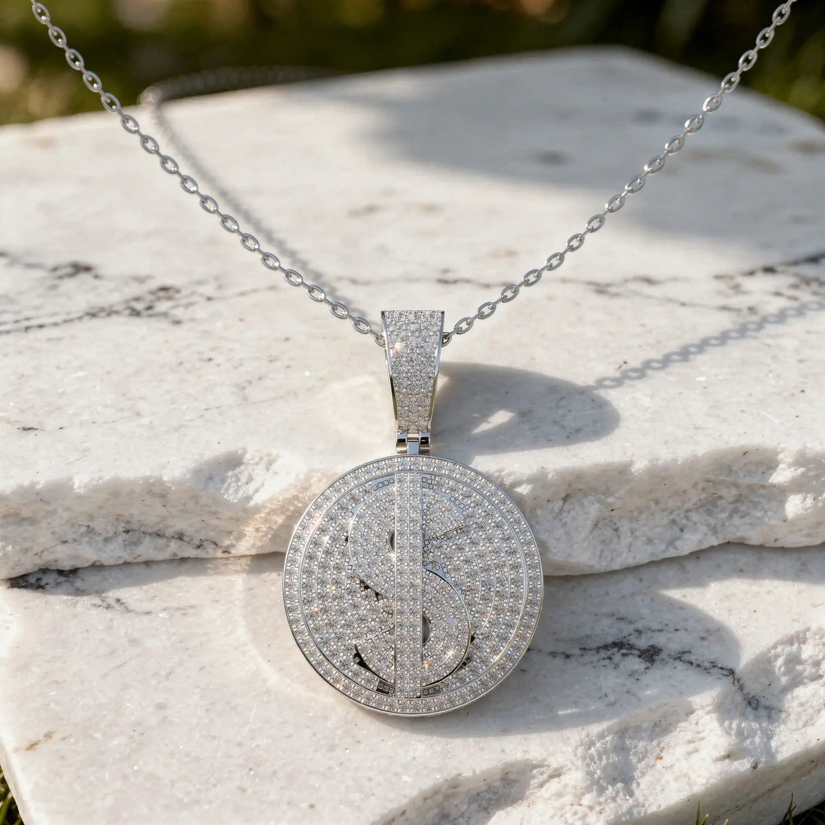 Front: Round Diamond Pendant with Pave Setting in 14k White Gold - Lab Grown - Driona Jewels