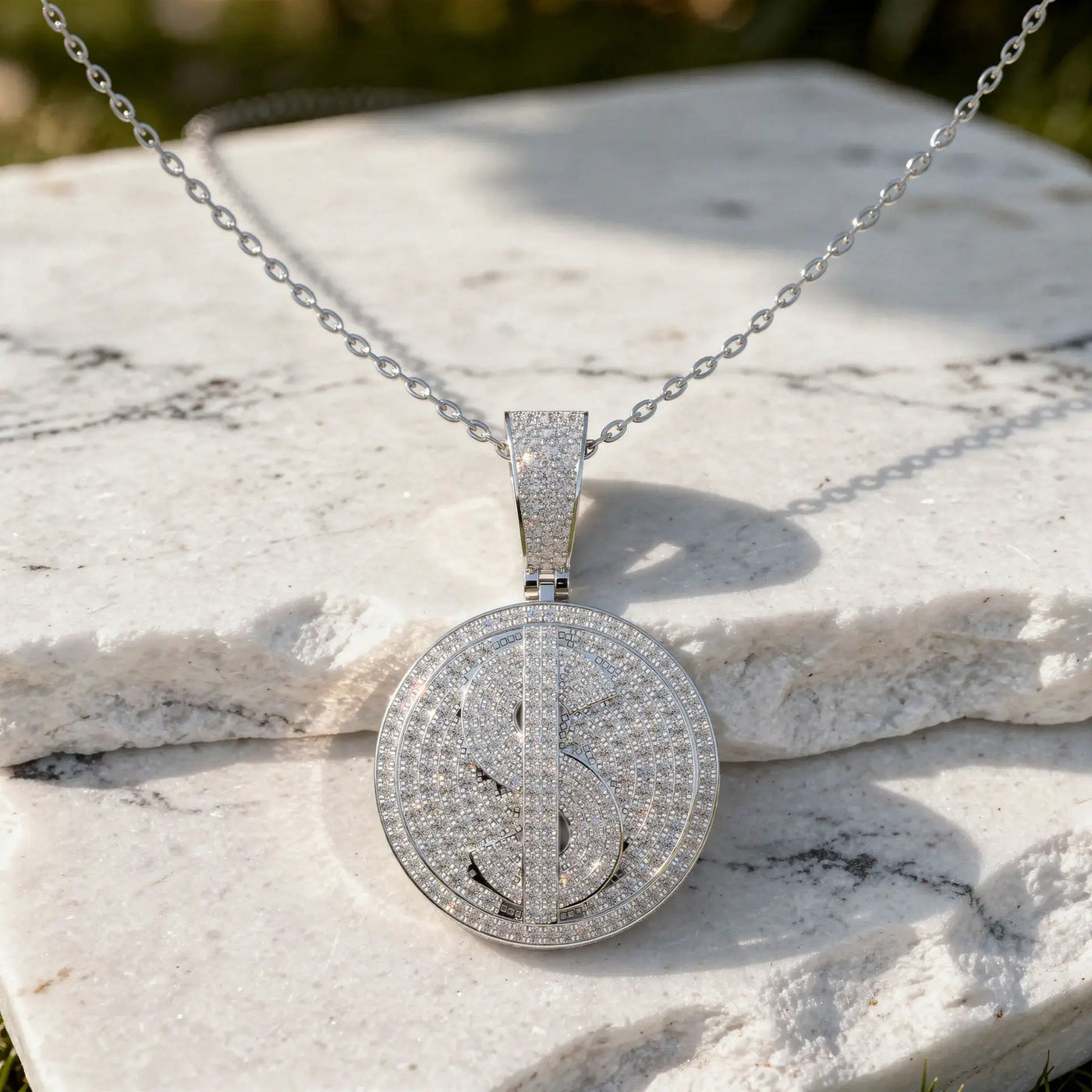 Front: Round Diamond Pendant with Pave Setting in 14k White Gold - Lab Grown - Driona Jewels