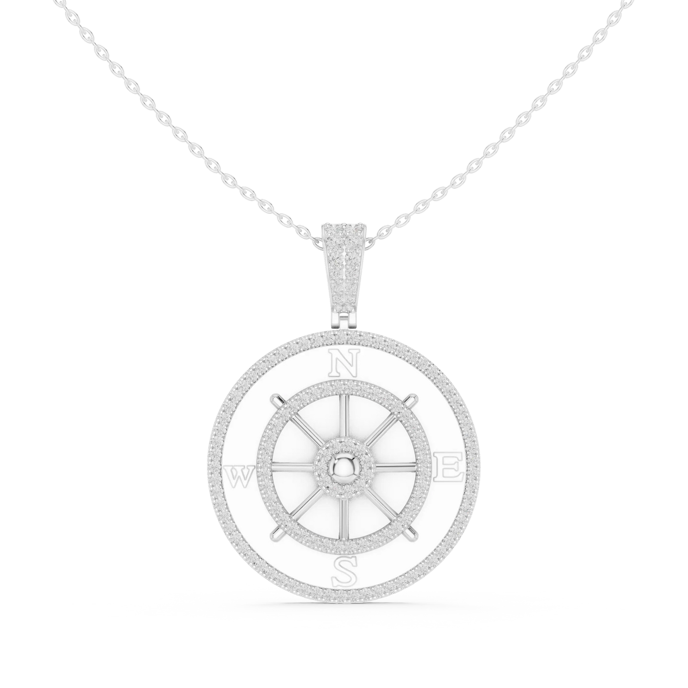 Front: Round Diamond Pendant with Pave Setting in 14k White Gold - Lab Grown - Driona Jewels