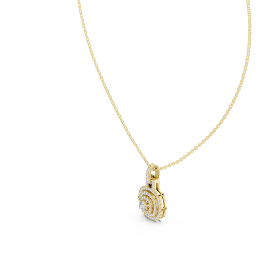 Flat Lay: Round Diamond Pendant with Pave Setting in 14k Yellow Gold - Lab Grown - Driona Jewels