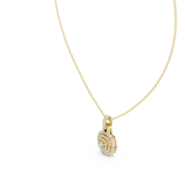Flat Lay: Round Diamond Pendant with Pave Setting in 14k Yellow Gold - Lab Grown - Driona Jewels
