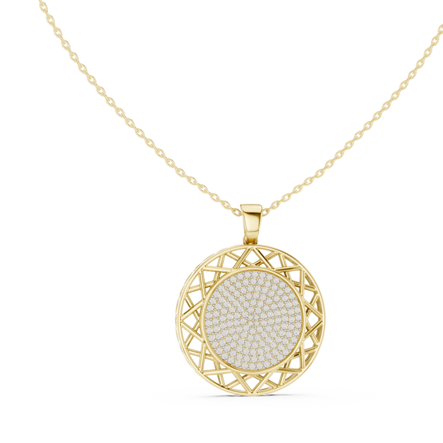 Front-View: Round Diamond Pendant with Pave Setting in 14k Yellow Gold - Lab Grown - Driona Jewels