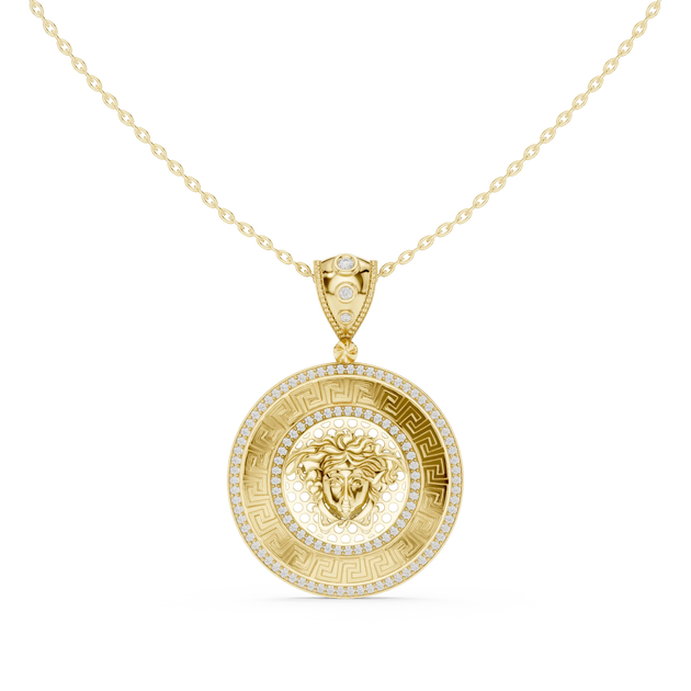 Front: Round Diamond Pendant with Pave Setting in 14k Yellow Gold - Lab Grown - Driona Jewels