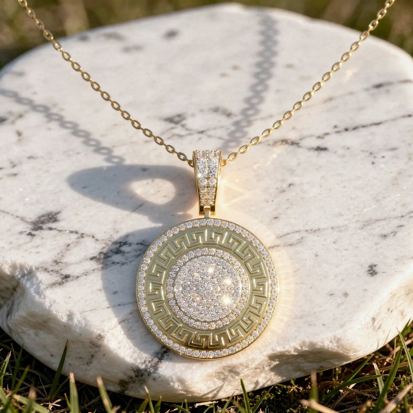 Front: Round Diamond Pendant with Pave Setting in 14k Yellow Gold - Lab Grown - Driona Jewels