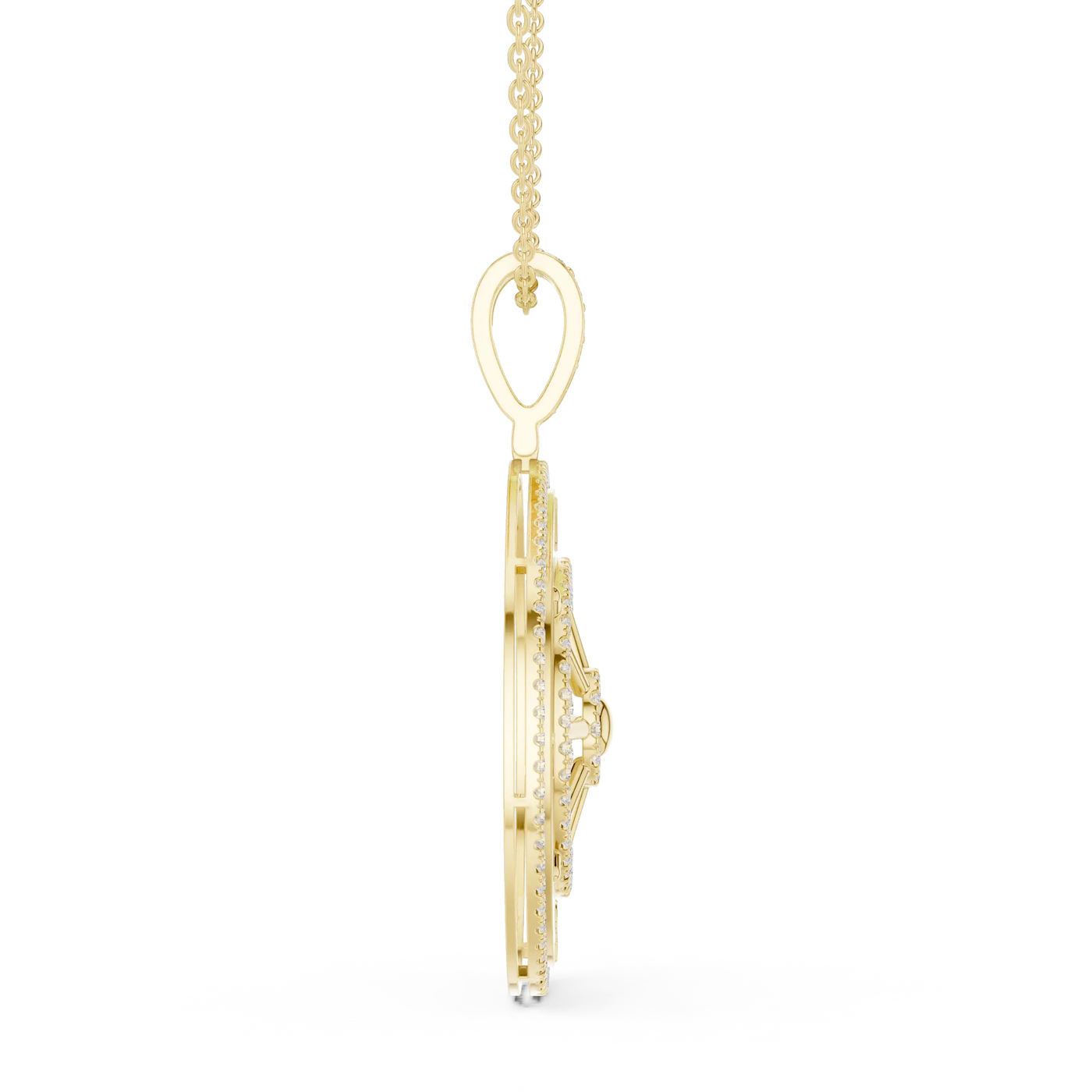 Side-Profile: Round Diamond Pendant with Pave Setting in 14k Yellow Gold - Lab Grown - Driona Jewels