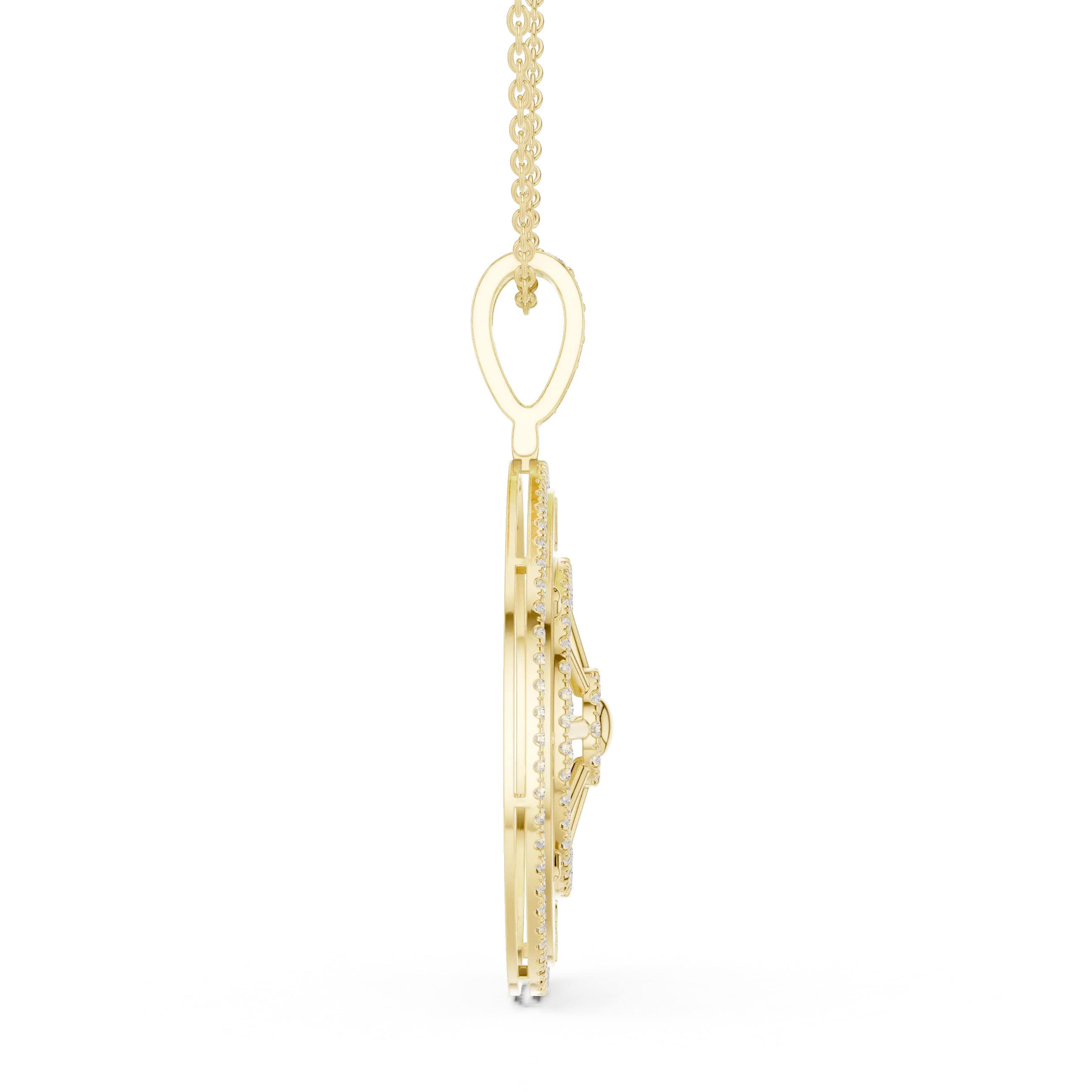 Side-Profile: Round Diamond Pendant with Pave Setting in 14k Yellow Gold - Lab Grown - Driona Jewels