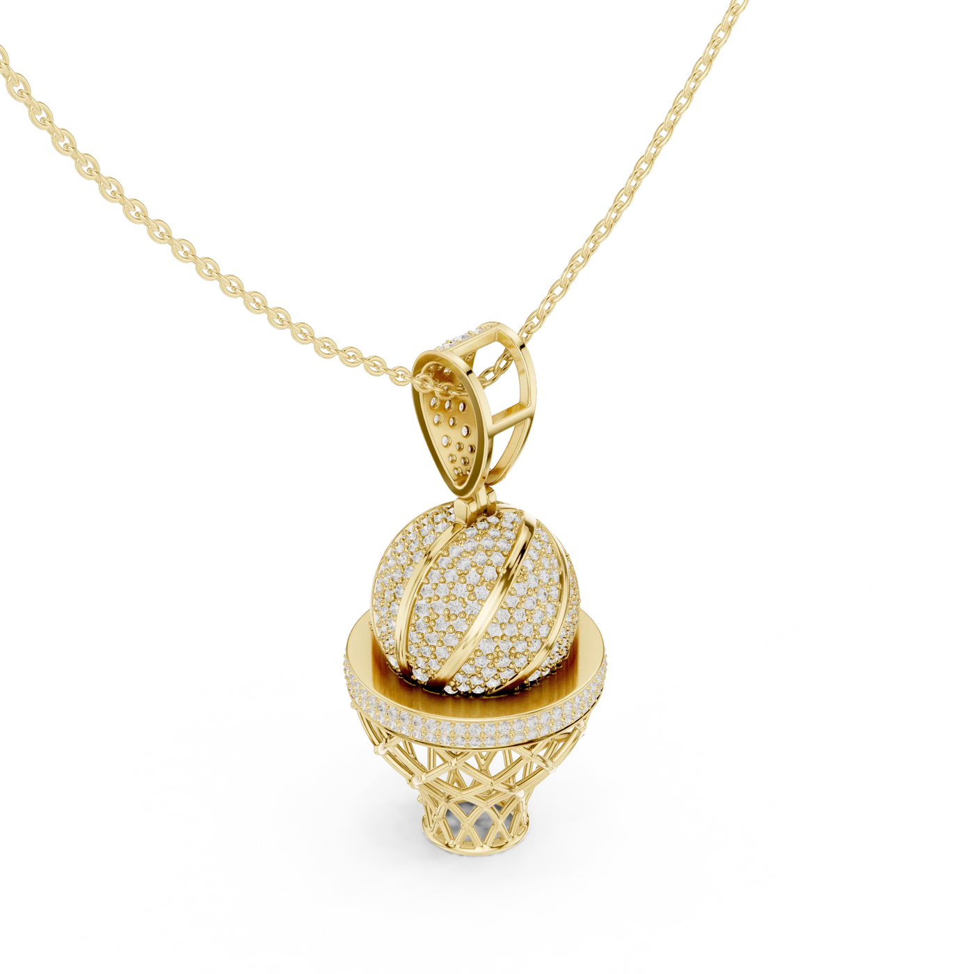 Three-quarter-view: Round Diamond Pendant with Pave Setting in 14k Yellow Gold - Lab Grown - Driona Jewels
