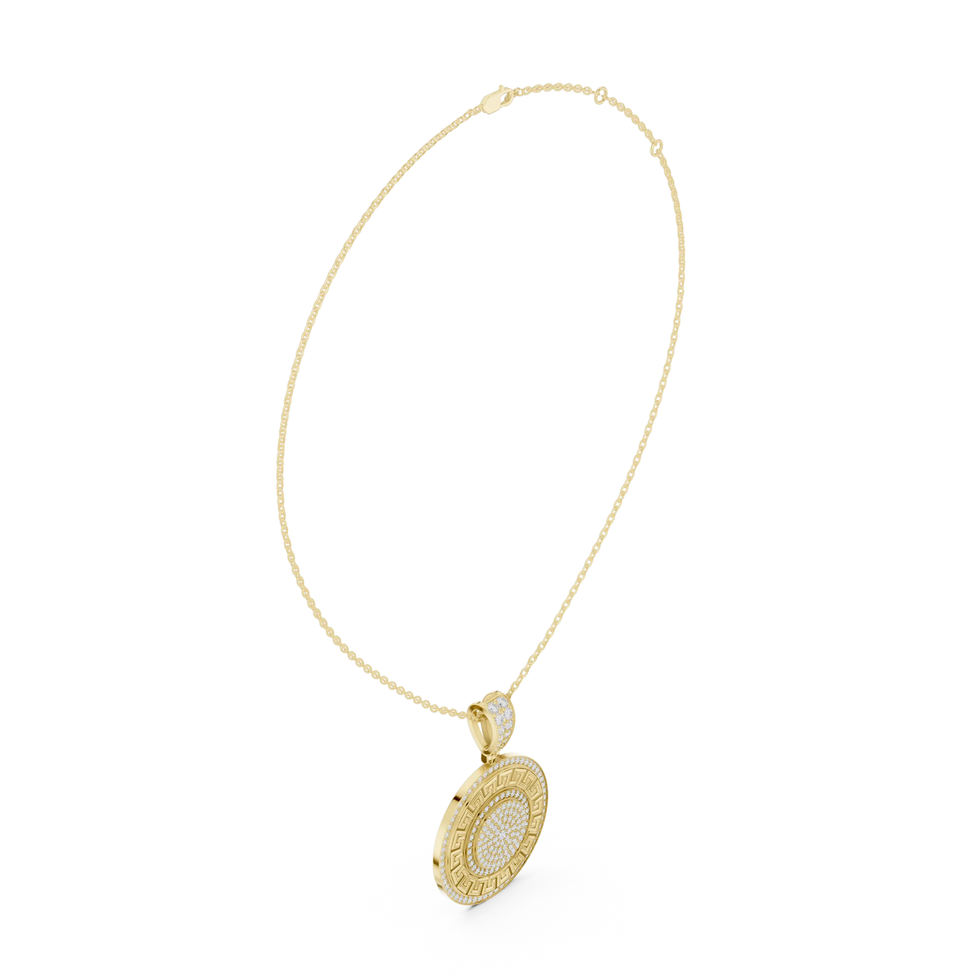 Three-quarter-view: Round Diamond Pendant with Pave Setting in 14k Yellow Gold - Lab Grown - Driona Jewels