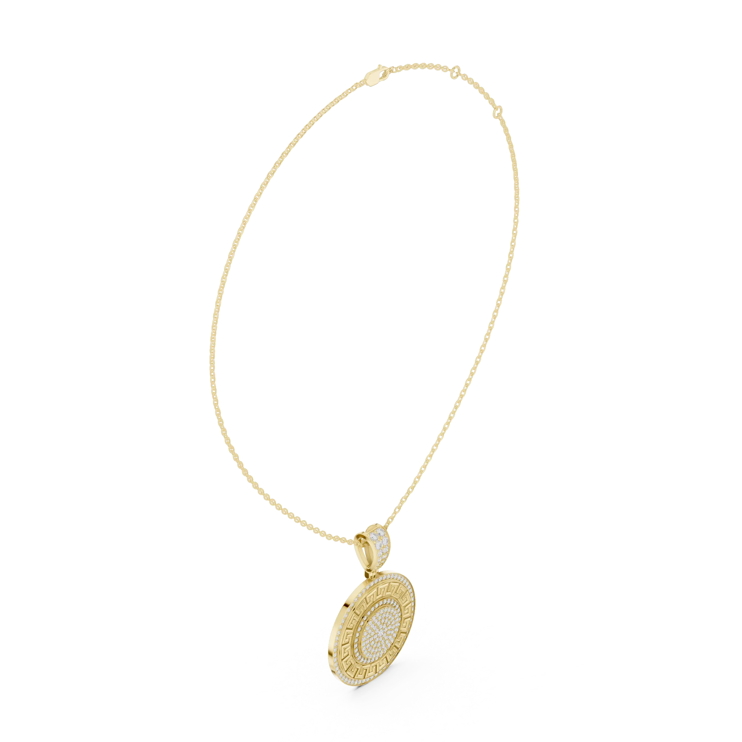 Three-quarter-view: Round Diamond Pendant with Pave Setting in 14k Yellow Gold - Lab Grown - Driona Jewels