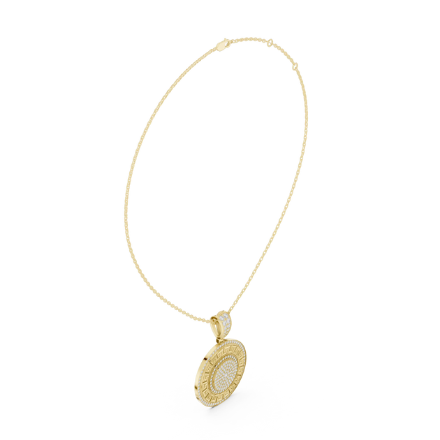 Three-quarter-view: Round Diamond Pendant with Pave Setting in 14k Yellow Gold - Lab Grown - Driona Jewels