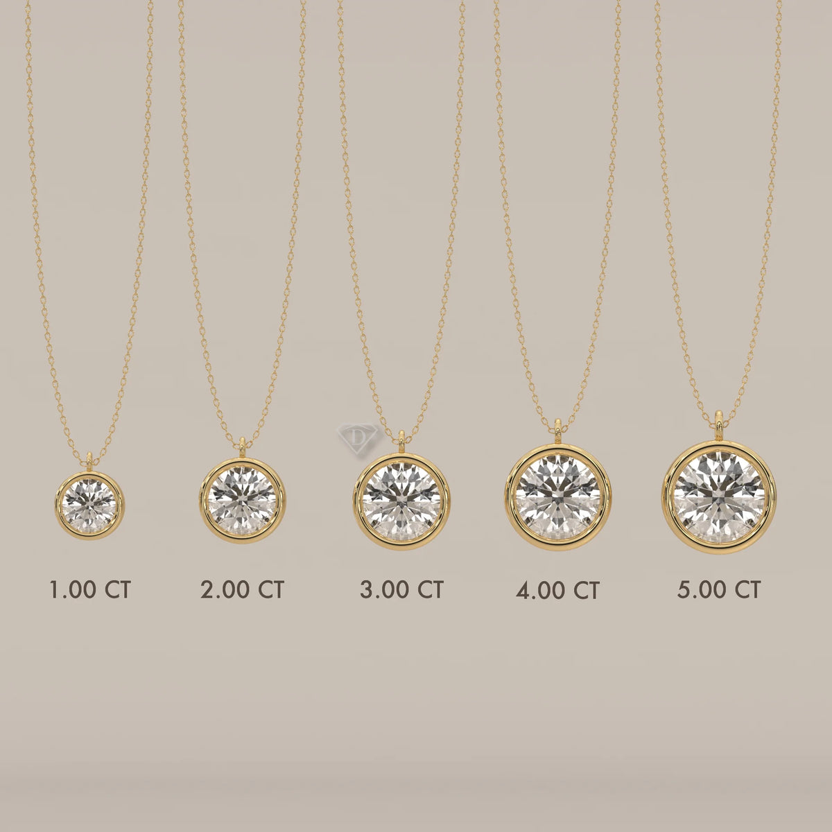 Five yellow gold pendants with round diamonds of varying carat sizes.