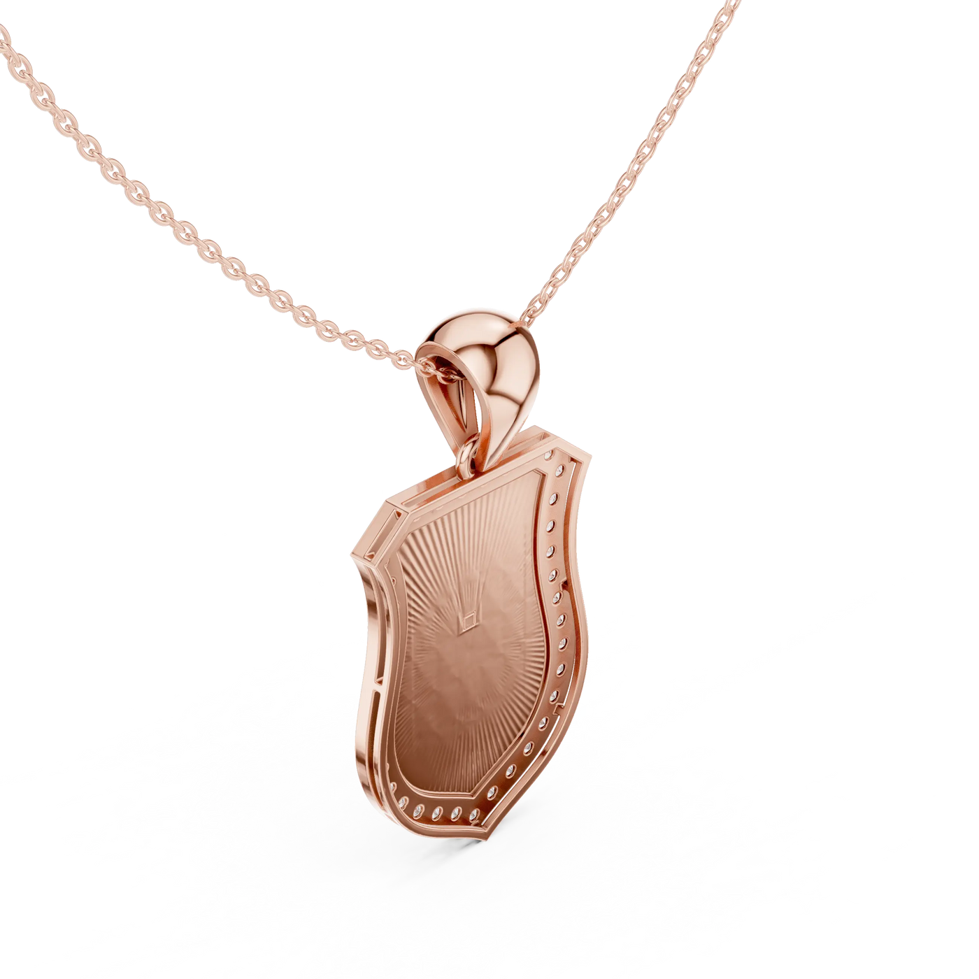 Three-quarter-view: Shield Cut Diamond Pendant with Bezel Setting in 14k Rose Gold - Lab Grown - Driona Jewels