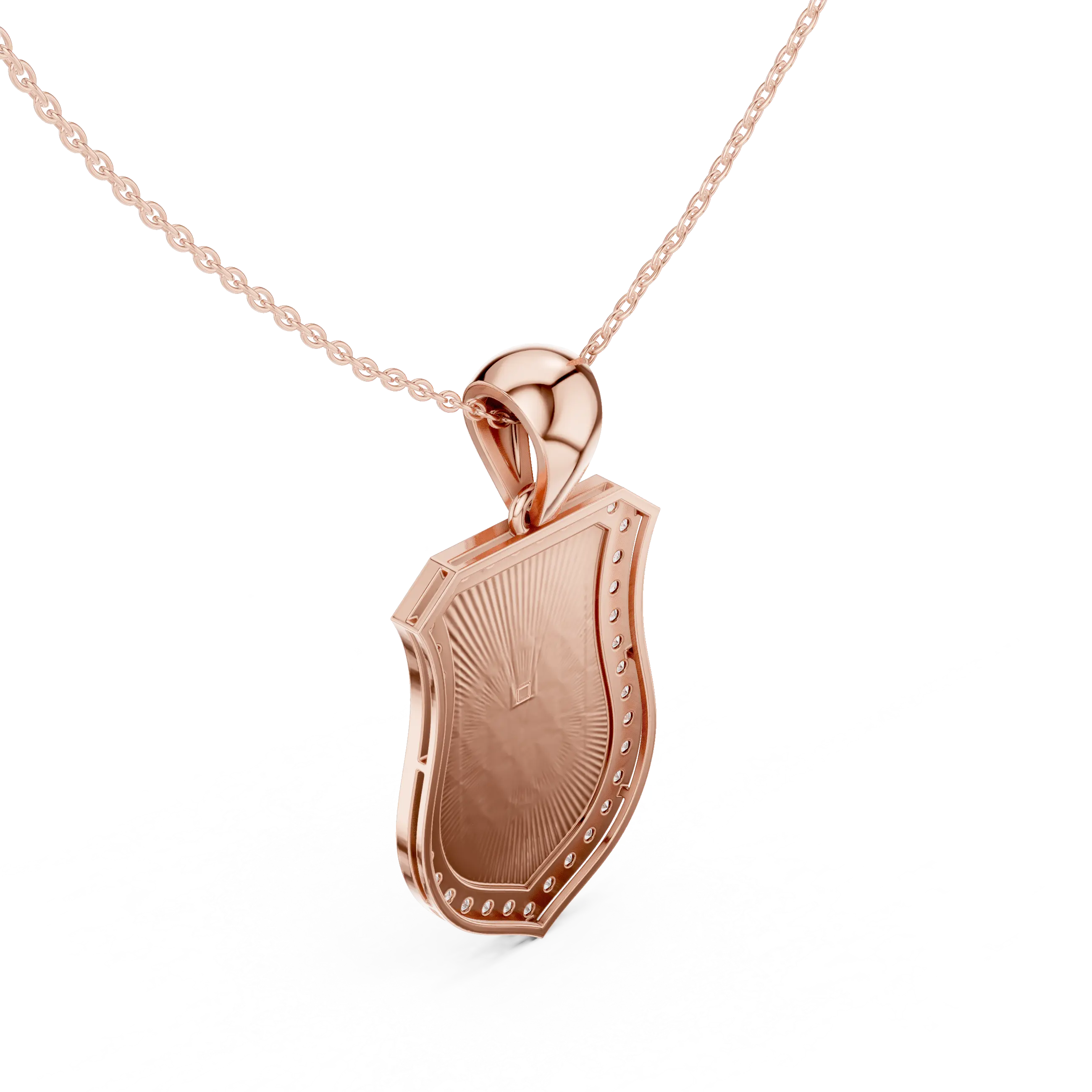 Three-quarter-view: Shield Cut Diamond Pendant with Bezel Setting in 14k Rose Gold - Lab Grown - Driona Jewels
