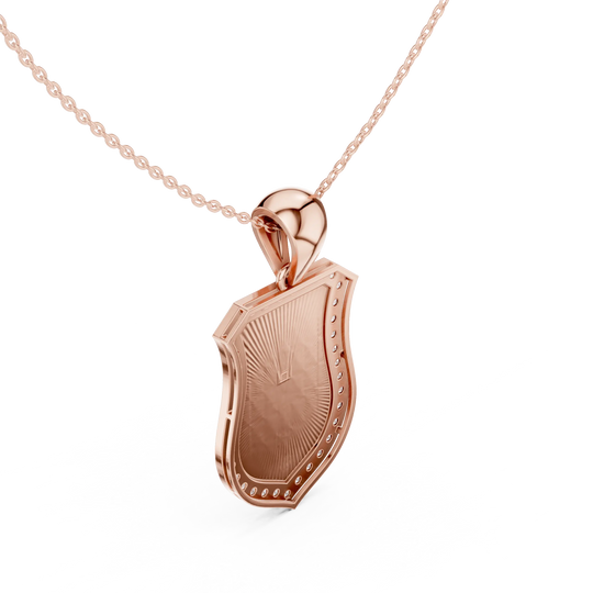 Three-quarter-view: Shield Cut Diamond Pendant with Bezel Setting in 14k Rose Gold - Lab Grown - Driona Jewels