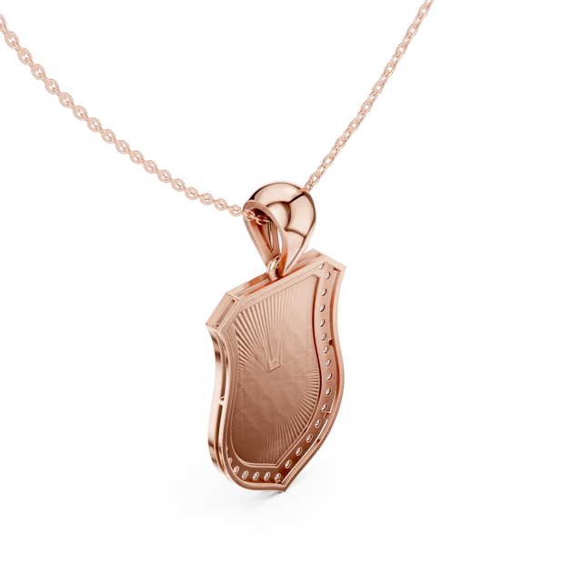 Three-quarter-view: Shield Cut Diamond Pendant with Bezel Setting in 14k Rose Gold - Lab Grown - Driona Jewels