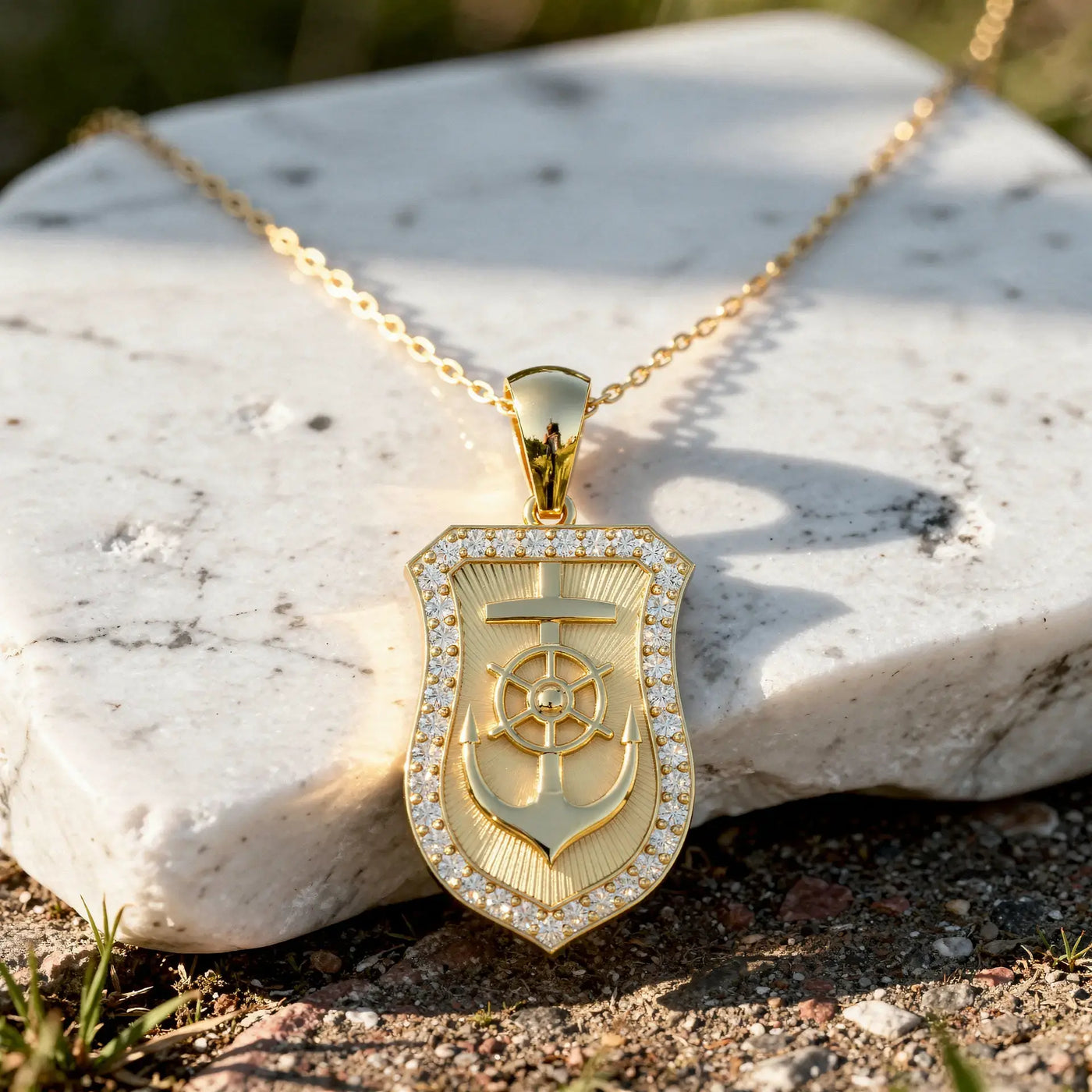Front-view: Shield Cut Diamond Pendant with Pave Setting in 14k Gold - Lab Grown - Driona Jewels