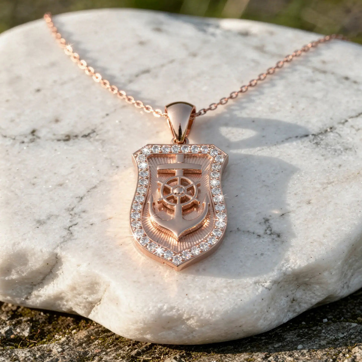 Front-view: Shield Cut Diamond Pendant with Pave Setting in 14k Rose Gold - Lab Grown - Driona Jewels