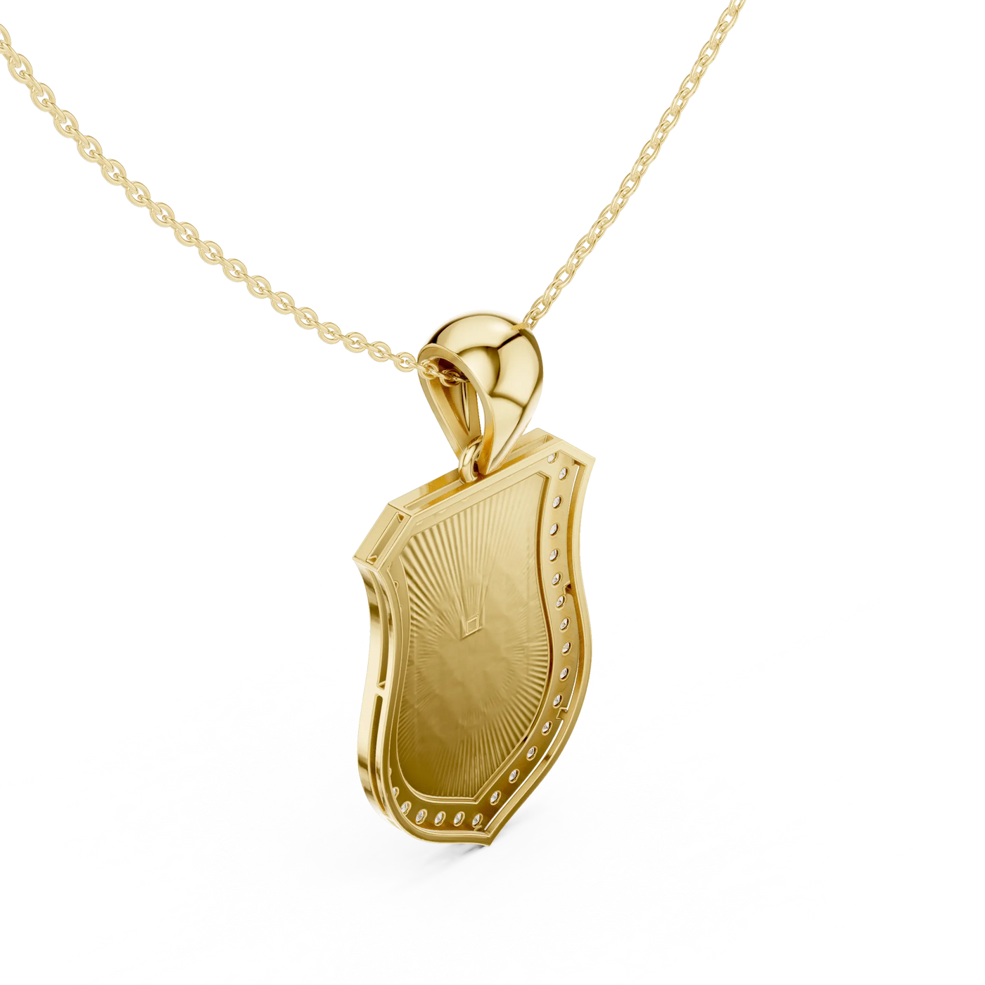 Three-quarter-view: Shield Cut Diamond Pendant with Prong Setting in 14k Yellow Gold - Lab Grown - Driona Jewels