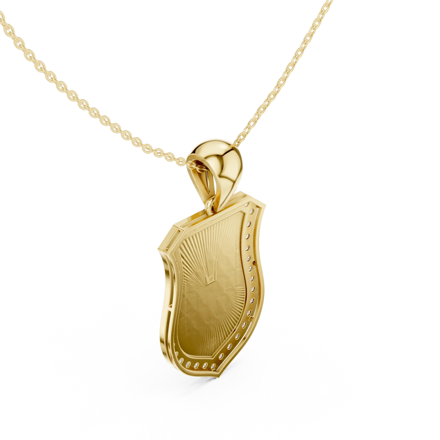 Three-quarter-view: Shield Cut Diamond Pendant with Prong Setting in 14k Yellow Gold - Lab Grown - Driona Jewels