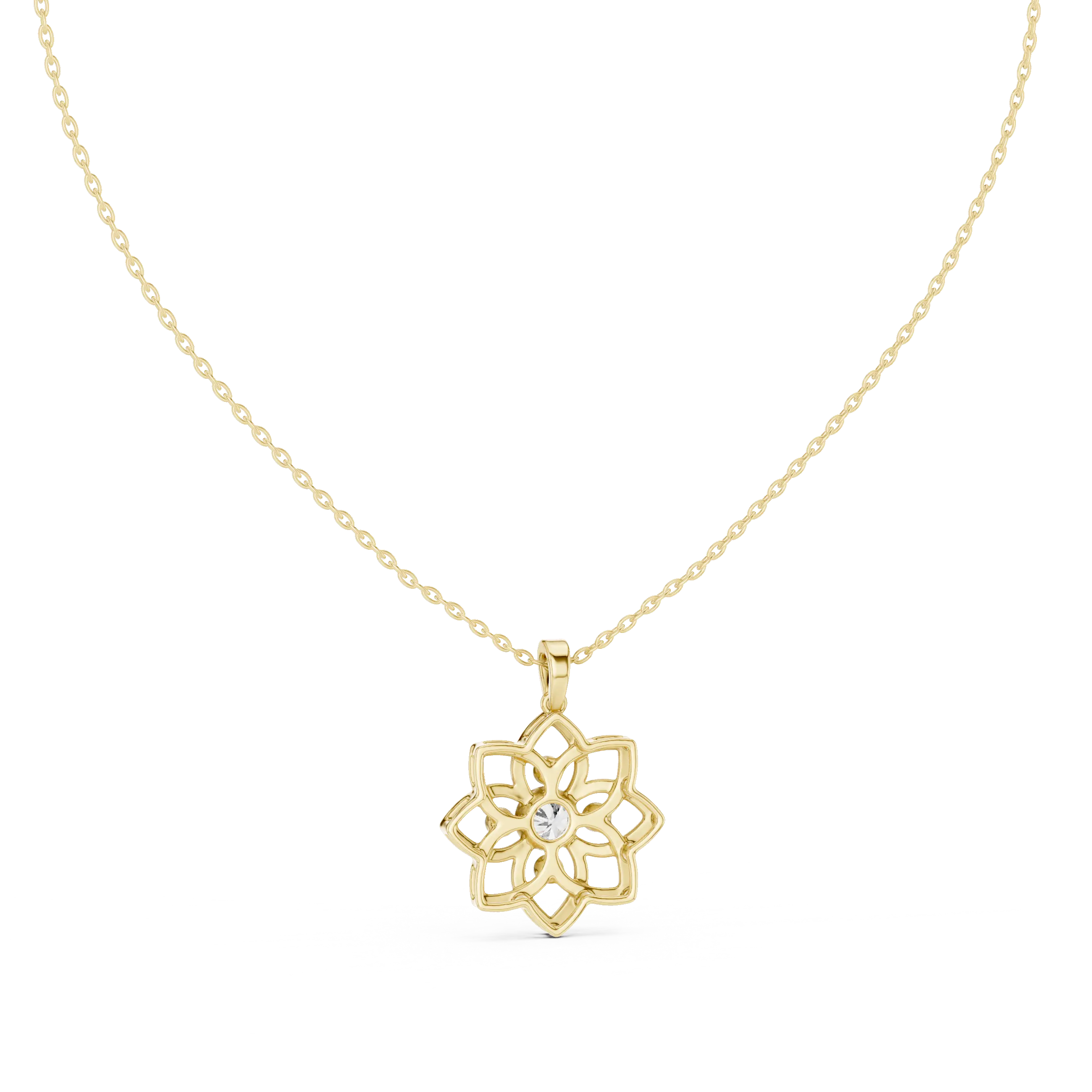 Front-View: Snowflake Diamond Pendant with Bezel Setting in 14k Yellow Gold - Lab Grown - Driona Jewels