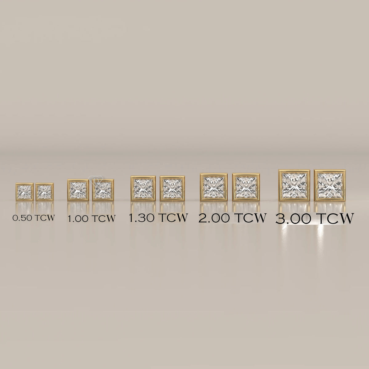 Princess Cut bezel set lab grown diamond stud earrings size chart, 0.50 to 3.00 tcw labelled
