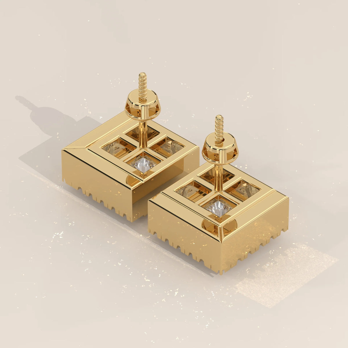Princess Cut Bezel Lab Grown Diamond Studs with L Shaped Pave Edge in yellow gold, shown on a plain background.