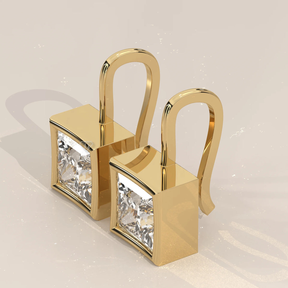 Princess Cut Box Bezel Lab Grown Diamond Drop Earrings on Hook in yellow gold, photographed head-on.