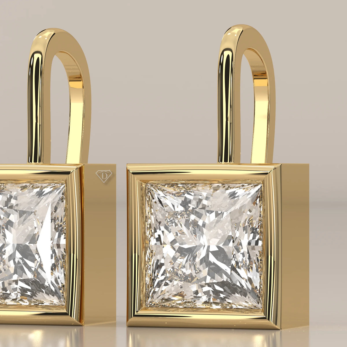 Princess Cut Box Bezel Lab Grown Diamond Drop Earrings on Hook in yellow gold, shown on a plain background.
