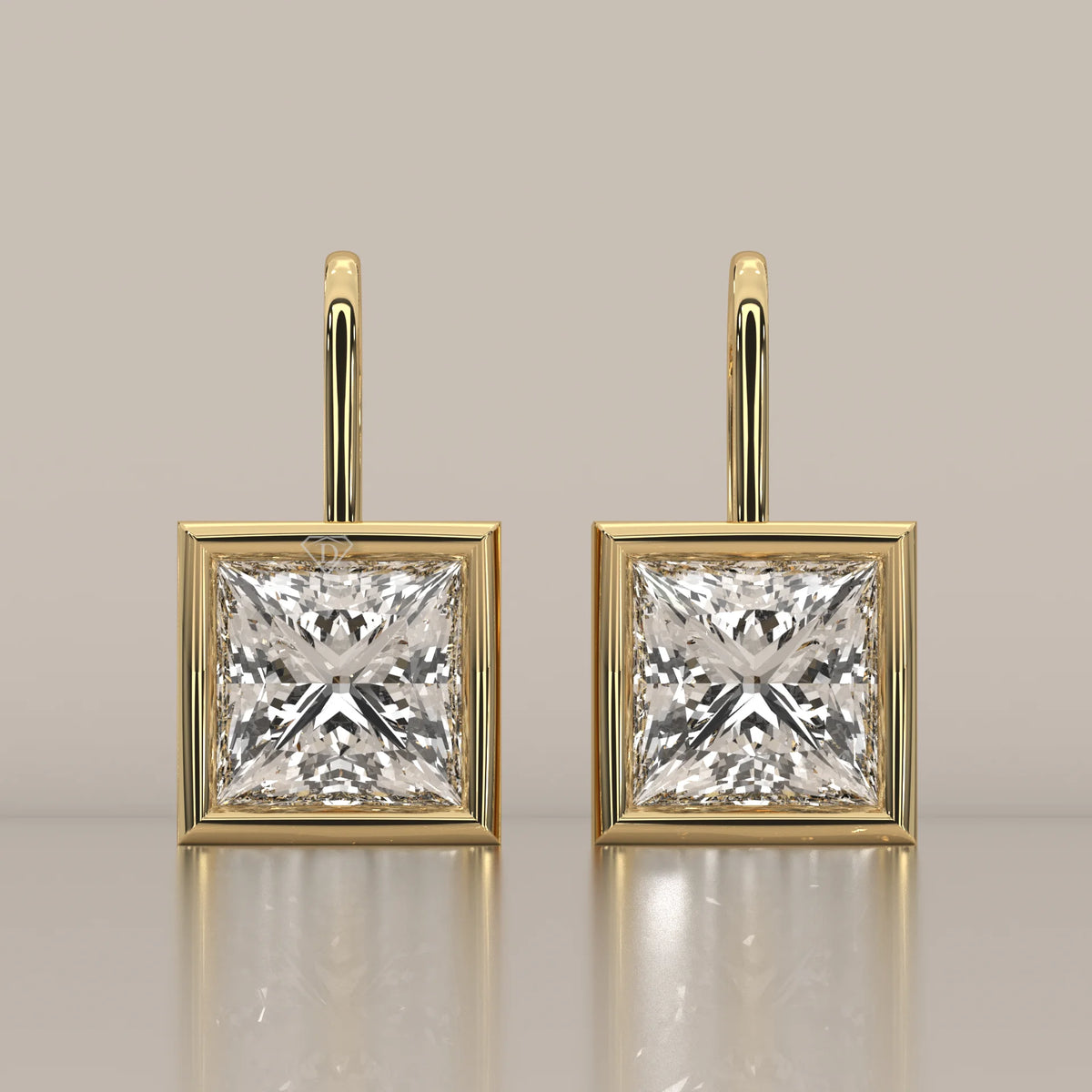 Princess Cut Box Bezel Lab Grown Diamond Drop Earrings on Hook in yellow gold, shown from the front.