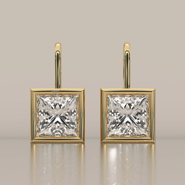 Princess Cut Box Bezel Lab Grown Diamond Drop Earrings on Hook in yellow gold, shown from the front.
