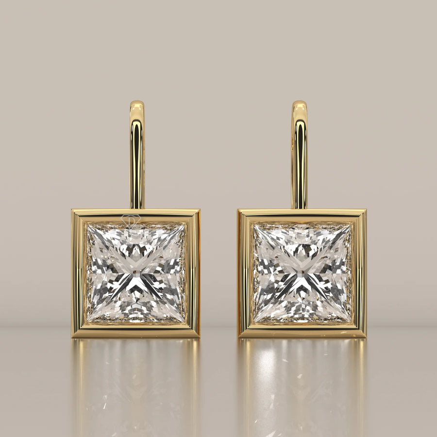 Princess Cut Box Bezel Lab Grown Diamond Drop Earrings on Hook in yellow gold, shown from the front.