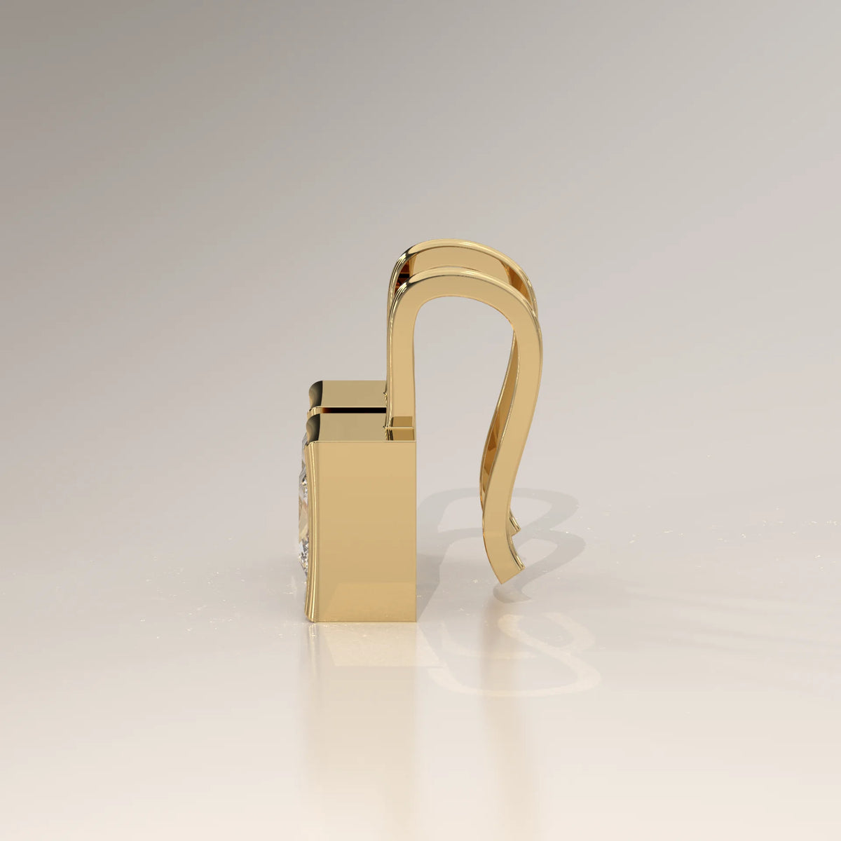 Princess Cut Box Bezel Lab Grown Diamond Drop Earrings on Hook in yellow gold, side profile view.