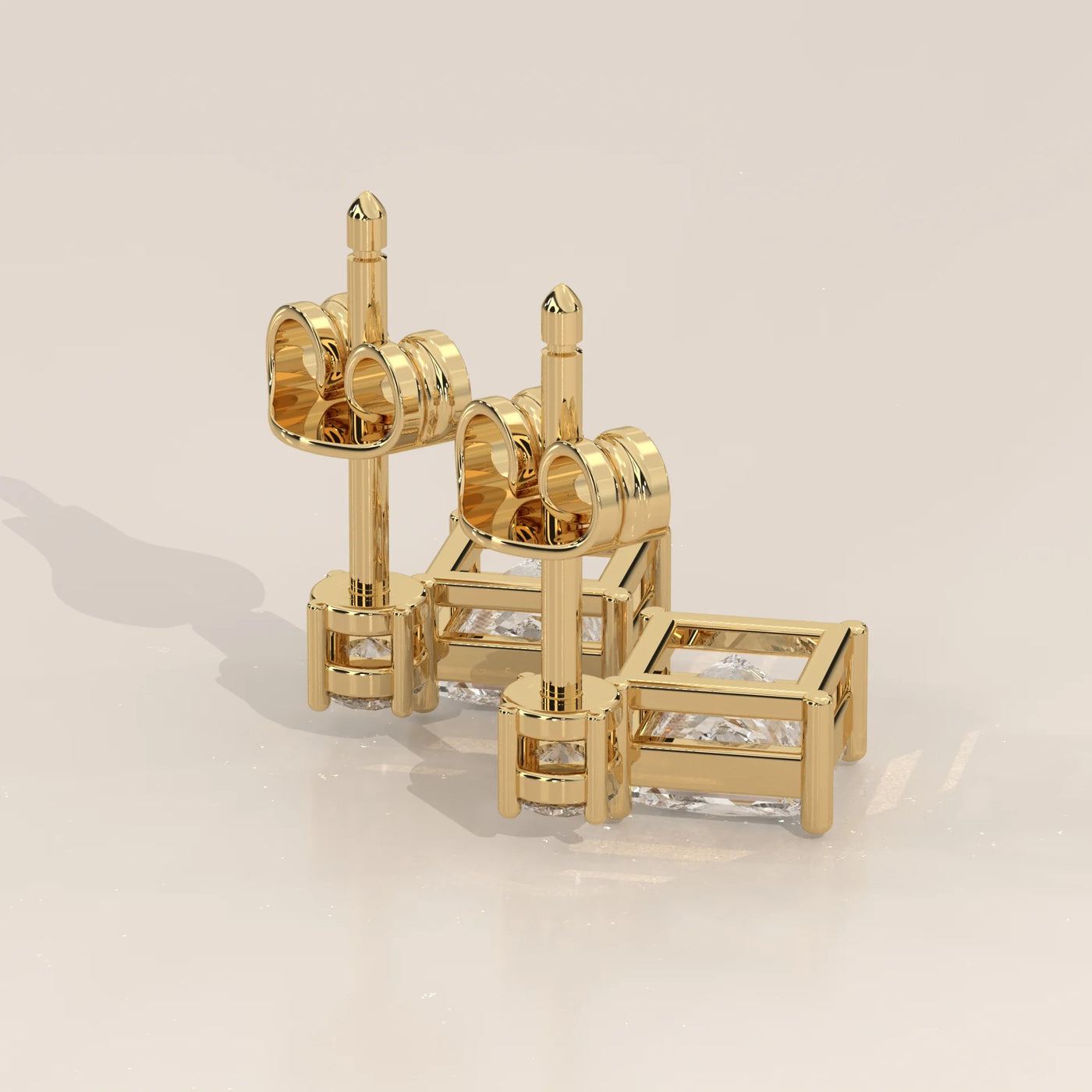 Angle View: Princess Diamond Drop Earrings with Prong Setting in Yellow Gold – Lab Grown – Driona Jewels