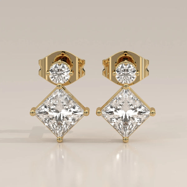 Front View: Princess Diamond Drop Earrings with Prong Setting in Yellow Gold – Lab Grown – Driona Jewels