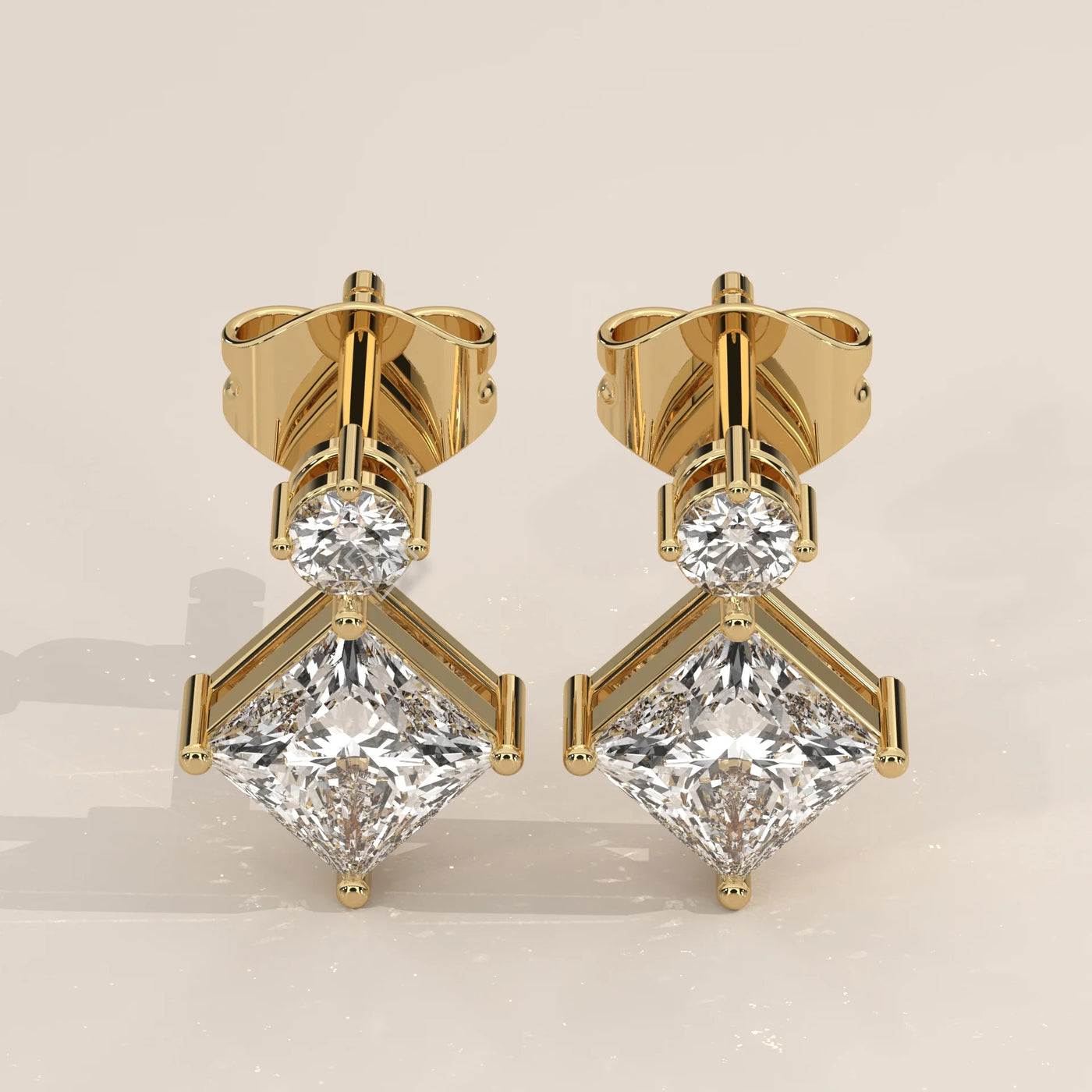 Pair Front View: Princess Diamond Drop Earrings with Prong Setting in Yellow Gold – Lab Grown – Driona Jewels