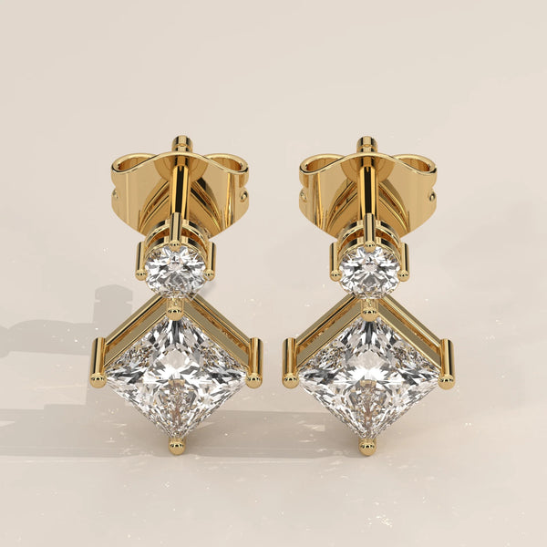 Pair Front View: Princess Diamond Drop Earrings with Prong Setting in Yellow Gold – Lab Grown – Driona Jewels