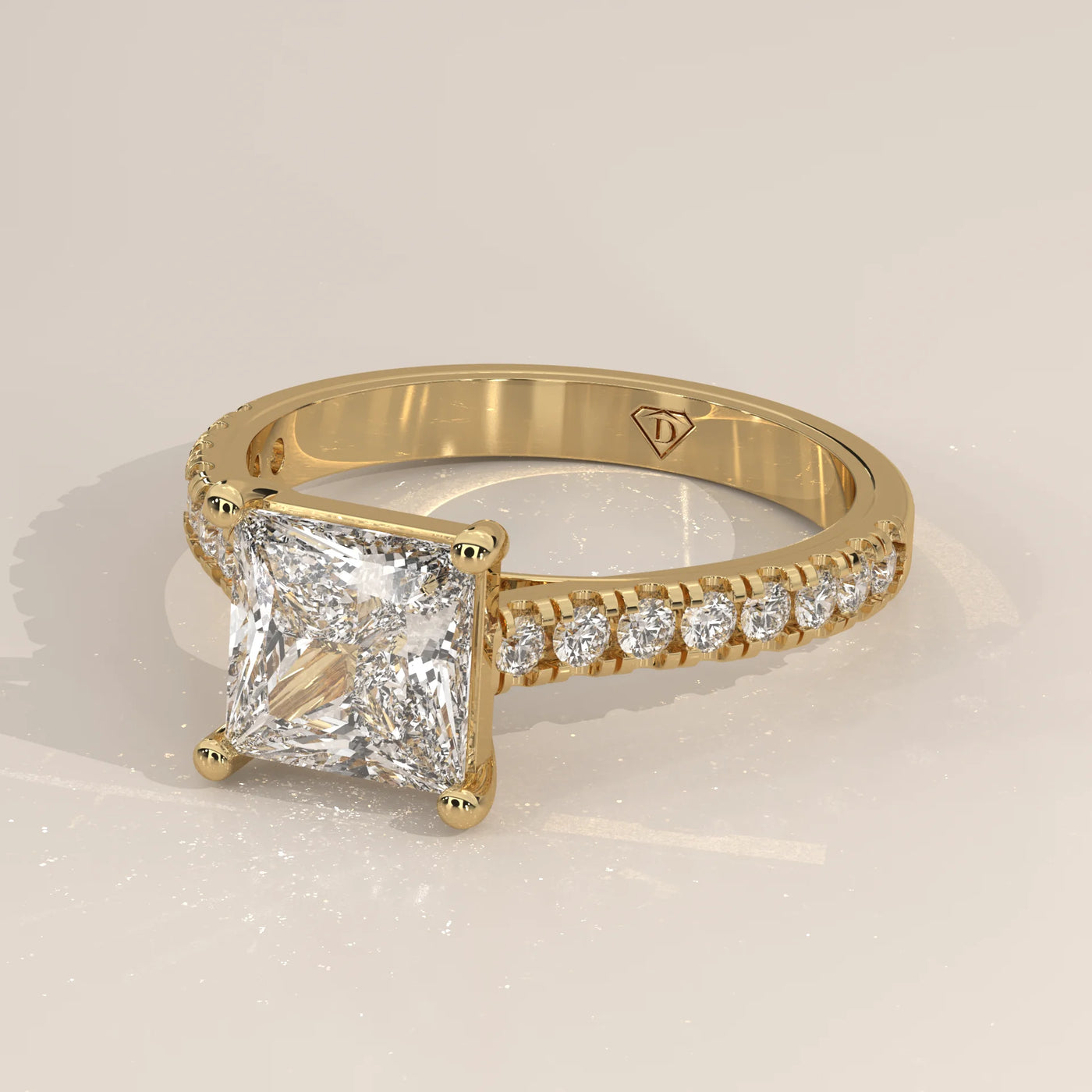 Angle View: Princess Diamond Ring with Pavé Setting in Yellow Gold – Lab Grown – Driona Jewels