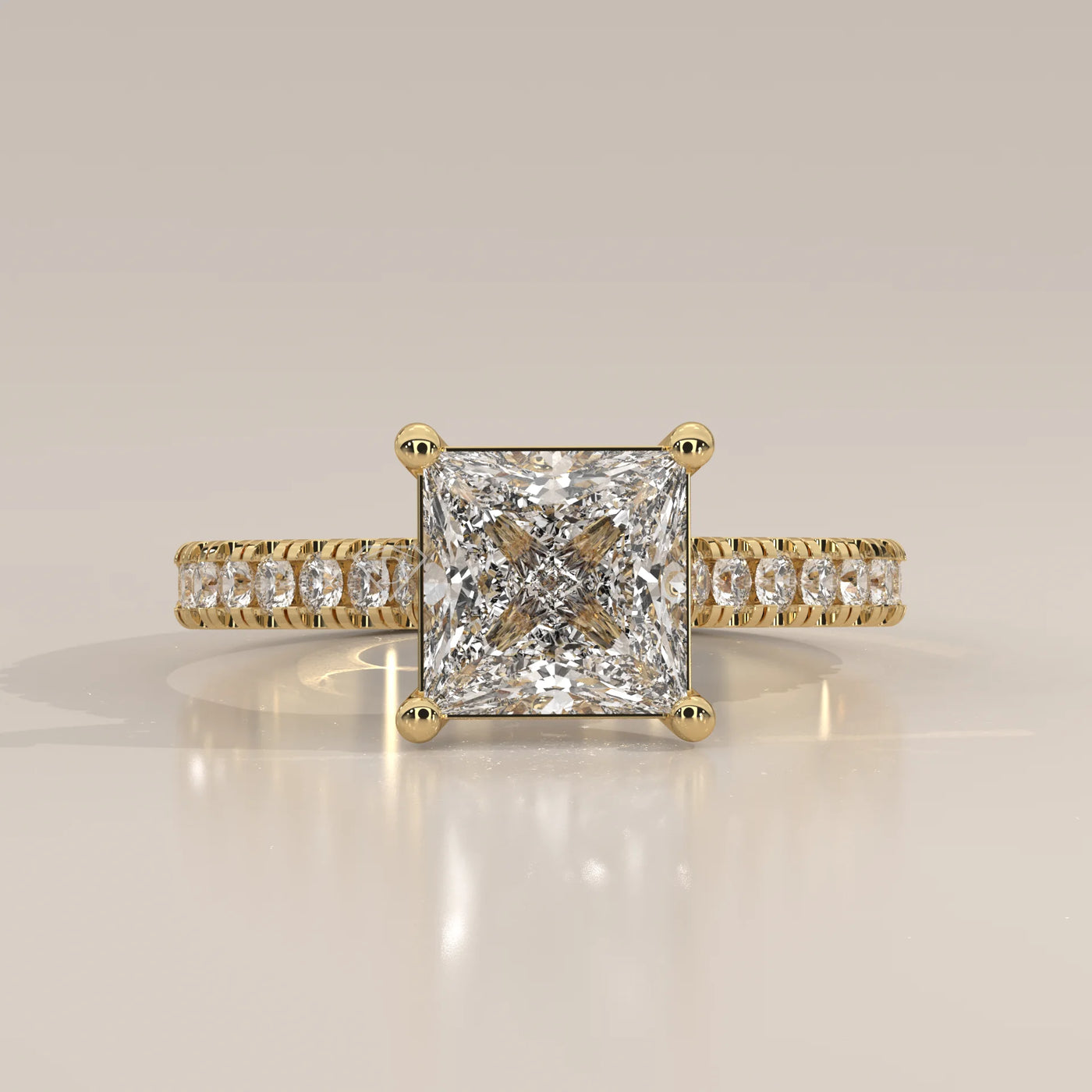 Side Profile: Princess Diamond Ring with Pavé Setting in Yellow Gold – Lab Grown – Driona Jewels