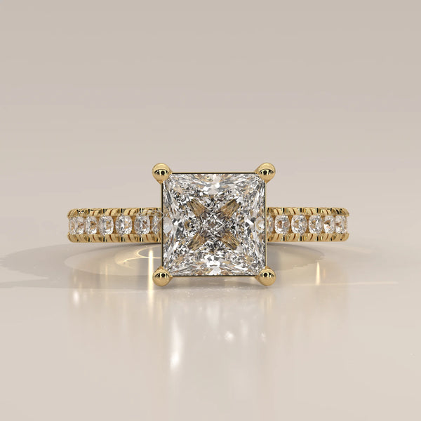 Side Profile: Princess Diamond Ring with Pavé Setting in Yellow Gold – Lab Grown – Driona Jewels