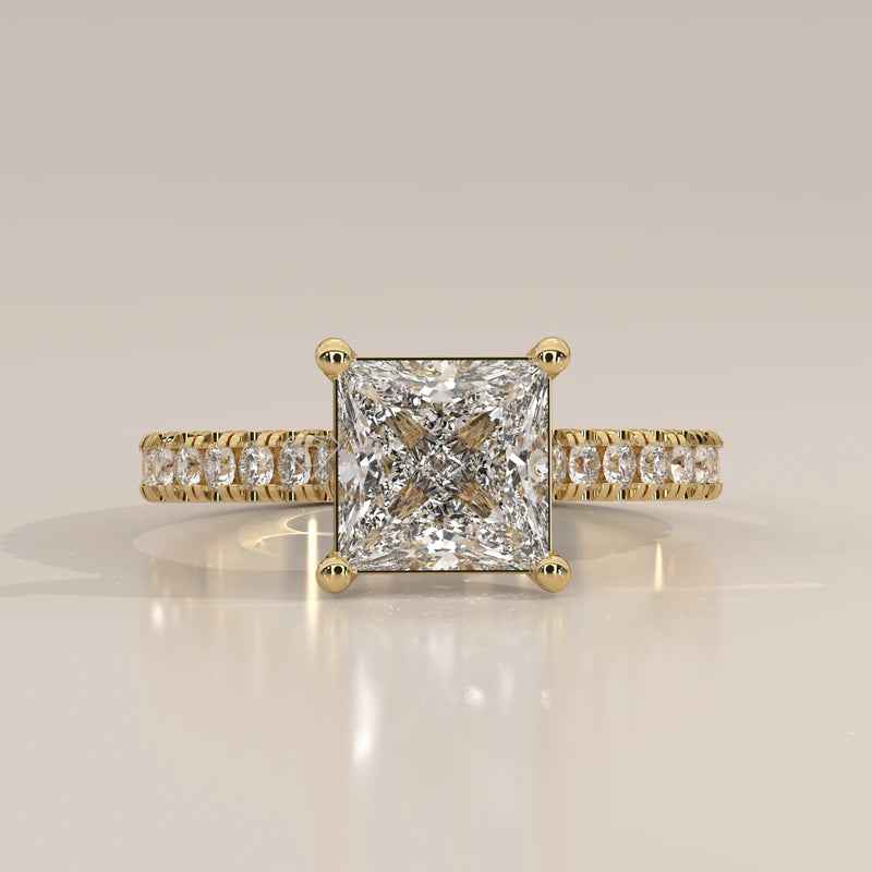 Side Profile: Princess Diamond Ring with Pavé Setting in Yellow Gold – Lab Grown – Driona Jewels