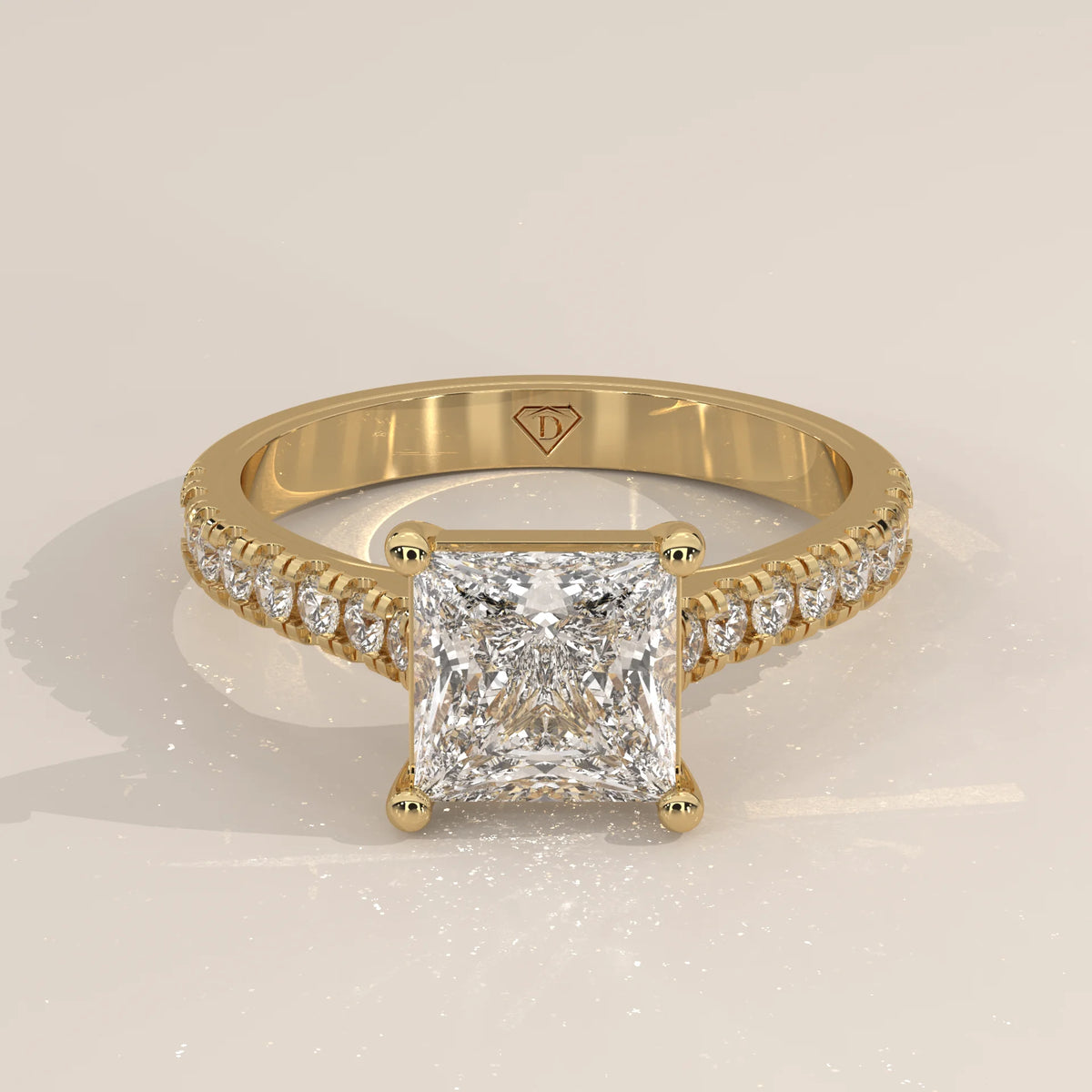 Three-Quarter View: Princess Diamond Ring with Pavé Setting in Yellow Gold – Lab Grown – Driona Jewels
